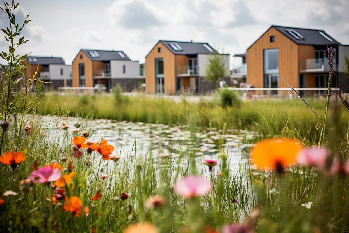 Moderne Wohnsiedlung mit Solardächern und blühender Wiese